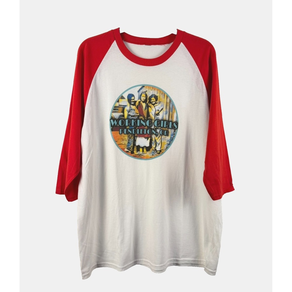 Vintage T Shirt Raglan 3/4 "Working Girls" Graphic L/XL Retro Summer Festival